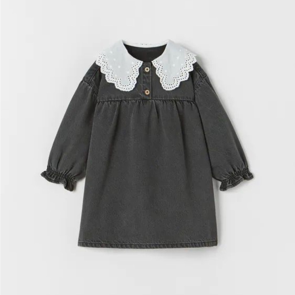 Zara Black Denim Dress with White Lace Collar Size 4/5 Years NWT